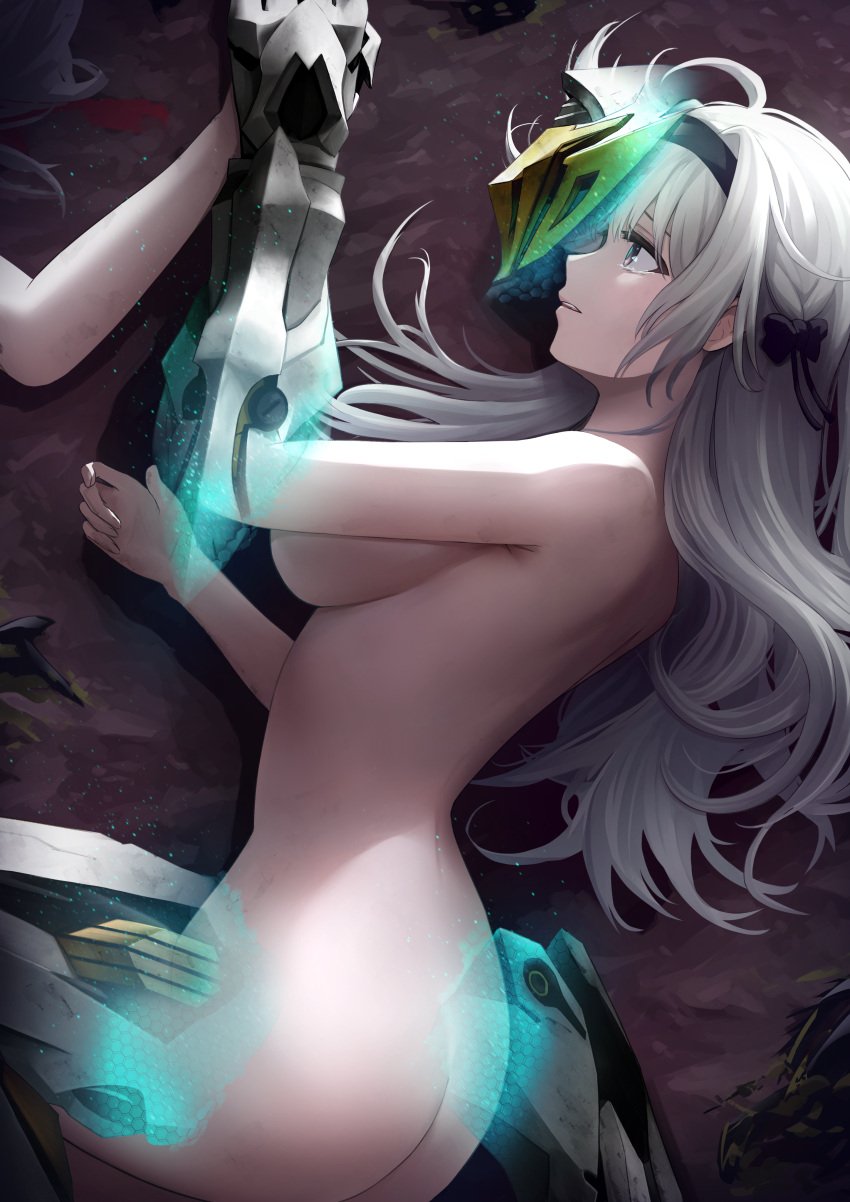 1other absurdres adda ass bare_shoulders black_hairband breasts crying crying_with_eyes_open disarming female firefly_(honkai:_star_rail) grey_armor grey_hair hair_between_eyes hairband helmet highres holding_hands honkai:_star_rail honkai_(series) long_hair lying medium_breasts multicolored_eyes nude on_side outdoors parted_lips sam_(honkai:_star_rail) tears two-tone_eyes