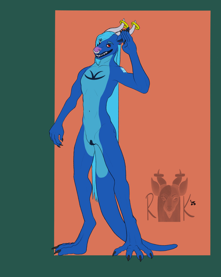 absurd_res andromorph anthro blue_body blue_fur claws clothing cuntboy digital_media_(artwork) dragon feet fur genitals hair hi_res horn intersex looking_at_viewer mythological_creature mythological_scalie mythology nude nude_anthro pussy ryukak ryuu_kagayaki scalie simple_background solo tail tongue vaginal_penetration