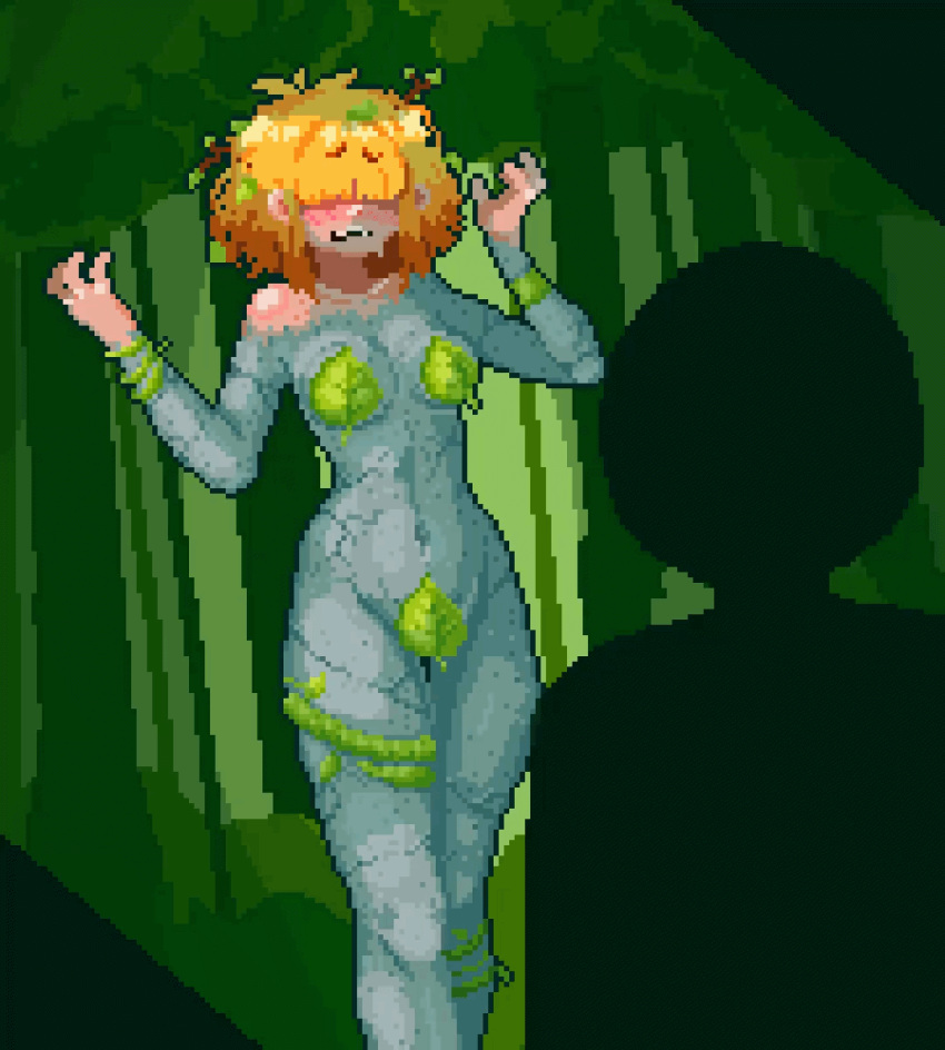 animated blush breasts breasts_out breath breath_cloud dwls_ female fingers forest hair_over_eyes leaves_in_hair leaves_on_body leaves_on_breasts naked naked_female orange_hair panic panicking petrification red_hair shadow_figure sweat sweatdrop transformation turned_on twitching twitter watching watching_from_afar