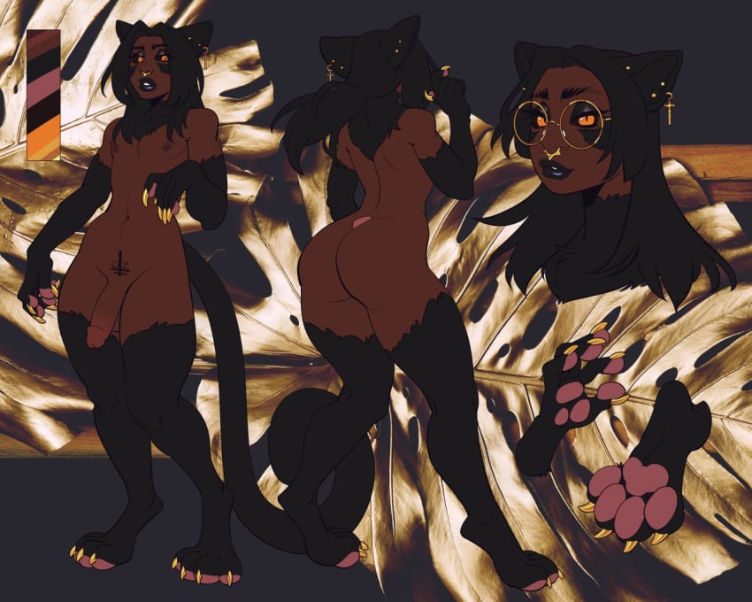 ass balls black_body black_fur black_hair black_lips black_sclera brown_body brown_skin ear_piercing erection eyewear facial_piercing femboy fur genitals glasses hair half-closed_eyes humanoid_genitalia humanoid_penis lips male model_sheet narrowed_eyes nose_piercing nose_ring oz_(ozthegoblin) pawpads paws penis piercing pink_pawpads pubic_tattoo ring_piercing takiminada tattoo