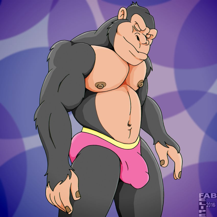 2016 anthro ape biped black_body black_fur briefs briefs_only bulge closed_eyes clothed clothing digital_drawing_(artwork) digital_media_(artwork) fabfelipe fingernails fur gorilla haplorhine hi_res male mammal mouth_closed multicolored_body muscular muscular_anthro muscular_male nails navel nipples pink_briefs pink_clothing pink_underwear portrait primate solo standing tan_body three-quarter_portrait topless underwear underwear_only