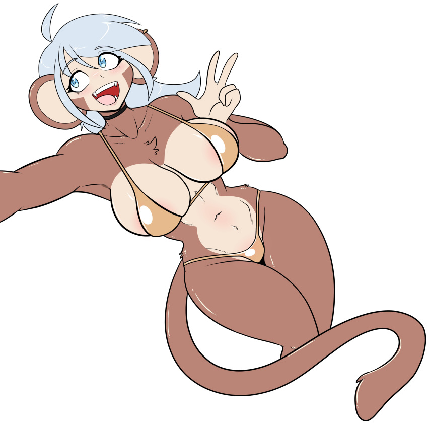 areolae areolae_slip bikini blue_eyes breasts female gold_bikini large_breasts luna_(geistbox) luna_leroux_(geistbox) monkey monkey_ears monkey_girl sharp_teeth skidd white_hair