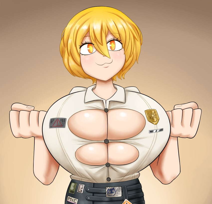 1girls :3 alternate_breast_size big_hands black_pants blonde_hair breast_focus breasts breasts_bigger_than_head bursting_breasts button_down_shirt button_gap cleavage cleavage_overflow clothes_too_small don_quixote_(limbus_company) female female_only gradient_background huge_breasts imminent_wardrobe_malfunction limbus_company looking_at_viewer no_bra orange_eyes overflowing_breasts pamvllo pins project_moon simple_background solo starry_eyes stretched_clothing tight_clothing white_shirt