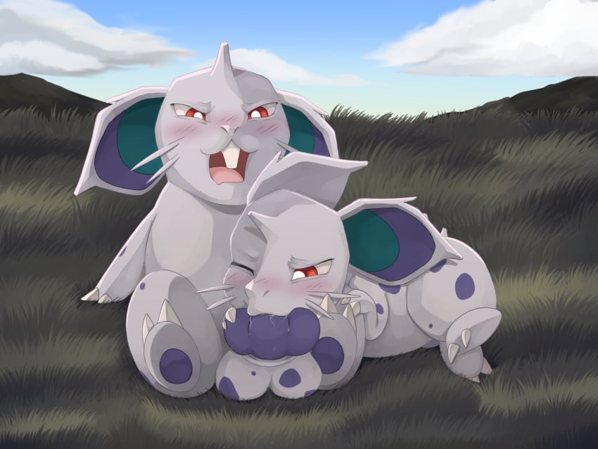ball_grab balls big_ears blue_balls blue_body blue_pawpads blue_penis blush bodily_fluids drooling duo ears_down fellatio female female_penetrated feral forced forced_oral generation_1_pokemon genitals ghoastiehead grass hi_res horn knot knotted_penis leg_grab looking_pleasured lying male male/female male_penetrating nidoran nidoran♀ nintendo on_back one_eye_closed one_tooth_visible oral oral_penetration orgasm_face pawpads paws penetration penile penis pivoted_ears plant pokemon pokemon_(species) raised_paw red_eyes rule_63 saliva sex sky spots spots_on_balls spread_legs spreading submissive submissive_male unusual_anatomy