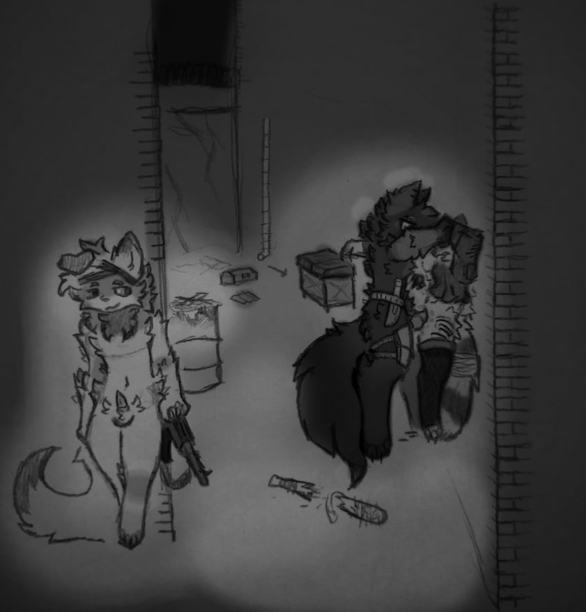 absurd_res against_surface against_wall alley animal_genitalia animal_penis armor_plates bandage barbed_wire barrel blood bodily_fluids broken_weapon canid canine canine_genitalia canine_penis canis claws clothing darthnear dipstick_tail diver_(fizzy_pop_ex) domestic_dog dumpster female fluffy forced gangbang genitals group group_sex gun hammer hi_res jacket knife knot leg_over_shoulder legwear male mammal markings nonbinary_(lore) penis procyonid pussy raccoon ranged_weapon rape rifle scrap sex sheathed_knife tail tail_markings thigh_highs toolbox tools topwear trio vaginal_penetration weapon wolf