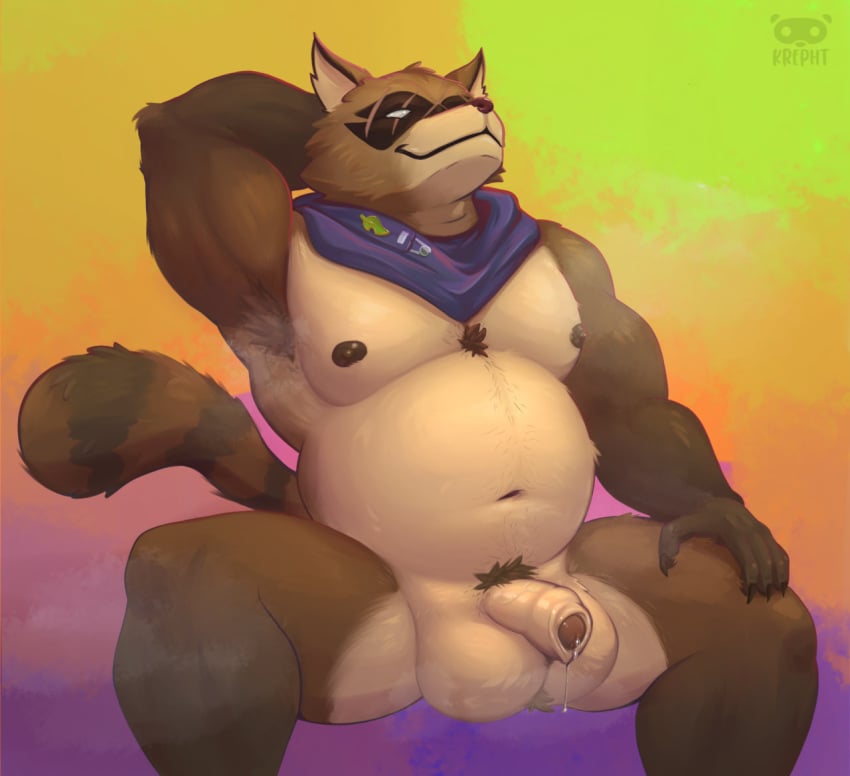 2025 anthro armpit_hair ball_tuft balls big_balls bodily_fluids body_hair brown_body brown_fur canid canine chest_tuft claws epic_games foreskin fortnite fur genital_fluids genitals glans hajime_(fortnite) kerchief krepht male mammal markings musclegut muscular muscular_anthro muscular_male musky_balls neckerchief neckwear nipples penis precum pubes purple_kerchief purple_neckerchief raccoon_dog scar solo striped_markings striped_tail stripes tail tail_markings tanuki tuft uncircumcised