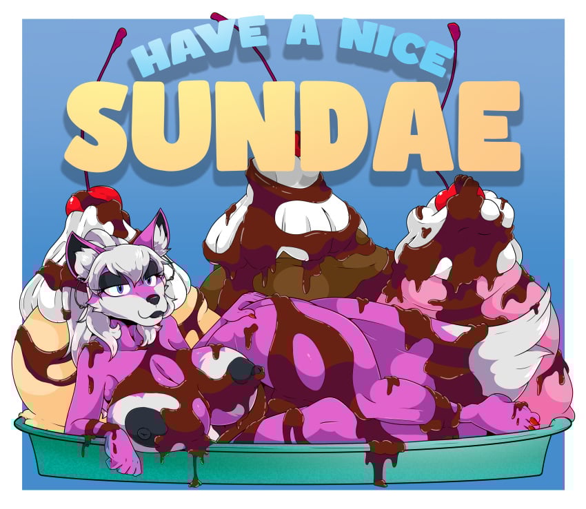 abstract_background absurd_res anthro areola big_areola big_breasts big_tail black_areola black_lips black_nipples blue_eyes breasts candy canid canine canis cherry chocolate chocolate_syrup dessert ear_piercing ear_ring ear_tuft female food food_fetish food_play fruit fur hair hi_res huge_breasts humor ice_cream ice_cream_sundae lips looking_at_viewer lying mammal nipples on_side piercing pink_body pink_fur plant pun ring_piercing solo tail tinydevilhorns tuft white_body white_fur white_hair wolf yuni_hermit