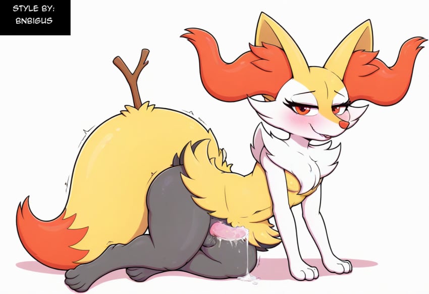 ai_generated anthro balls blush bodily_fluids braixen canid collar cum ear_piercing erection fur generation_6_pokemon genital_fluids genitals girly heart hellsonger hi_res humanoid_genitalia humanoid_penis inner_ear_fluff jewelry looking_at_viewer male mammal nintendo penis piercing pokemon pokemon_(species) precum red_eyes simple_background smile solo thick_thighs tuft white_background white_body white_fur yellow_body yellow_fur