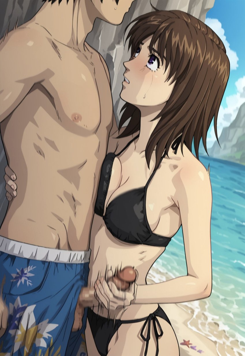 ai_generated beach black_bikini breast_press brown_hair female handjob initial_d kyoko_iwase looking_at_another looking_up medium_breasts medium_hair motion motion_blur penis purple_eyes standing standing_breast_press_handjob testicles