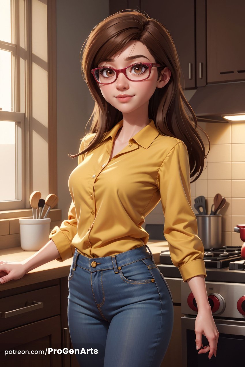 1girls ai_generated artist_name breasts brown_eyes brown_hair buttons collared_shirt cowboy_shot denim disney glasses hi_res indoors inside_out inside_out_2 jeans jill_andersen kitchen lips long_hair long_sleeves looking_at_viewer medium_breasts nose pants patreon_username pixar progenarts red-framed_eyewear shirt sleeves_rolled_up smile solo standing stove swept_bangs watermark web_address window yellow_shirt