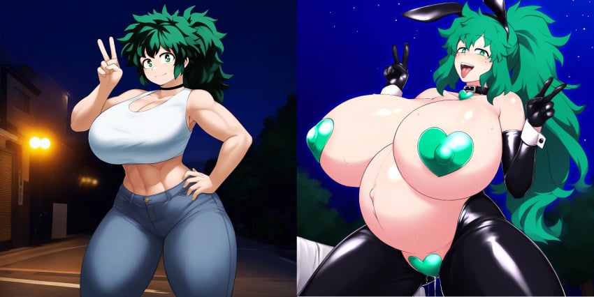 age_progression aged_up ai_generated before_and_after bimbo bimbofication breast_expansion breast_growth breasts_bigger_than_head casual_clothes choker clothed collar double_v elbow_gloves female_deku feminization genderswap_(mtf) gigantic_breasts hand_on_hip heart_pasties huge_breasts izuku_midoriya long_hair massive_breasts mature_female milf mostly_nude muscular_female novelai open_mouth pasties peace_sign ponytail pregnant reverse_bunnysuit seductive slut slutification smile tgm101_(artist) tongue_out v very_long_hair whore