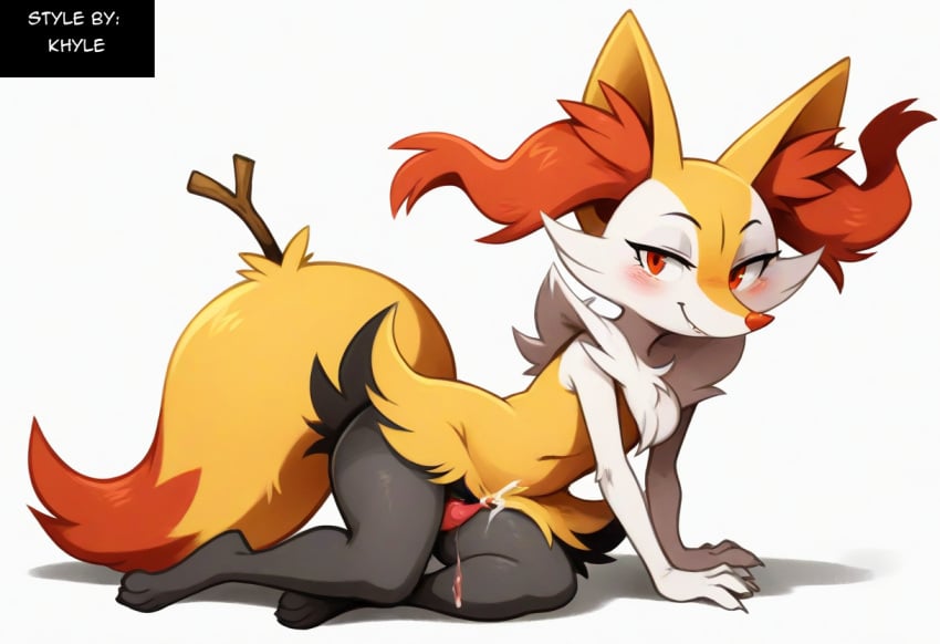 ai_generated anthro balls blush bodily_fluids braixen canid collar cum ear_piercing erection fur generation_6_pokemon genital_fluids genitals girly heart hellsonger hi_res humanoid_genitalia humanoid_penis inner_ear_fluff jewelry looking_at_viewer male mammal nintendo penis piercing pokemon pokemon_(species) precum red_eyes simple_background smile solo thick_thighs tuft white_background white_body white_fur yellow_body yellow_fur