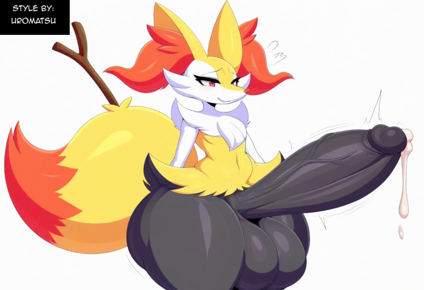 absurd_res ai_generated anthro balls big_balls big_penis blush bodily_fluids braixen canid canine cum ejaculation erection fur generation_6_pokemon genital_fluids genitals girly heart hellsonger hi_res huge_balls huge_cock huge_hips huge_thighs hyper hyper_balls hyper_genitalia hyper_penis inner_ear_fluff male mammal nintendo penis pokemon pokemon_(species) simple_background smile solo sweat thick_thighs tuft white_background wide_hips