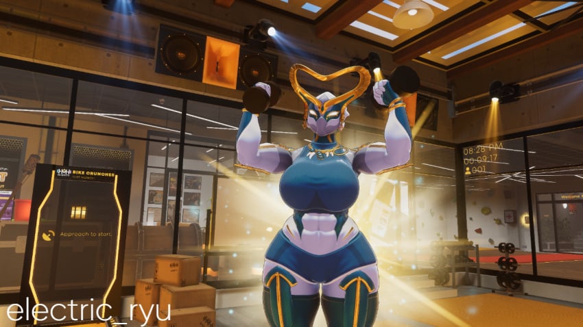 electric_ryu female gym_uniform hildryn_(warframe) muscular_female vrchat vrchat_avatar warframe