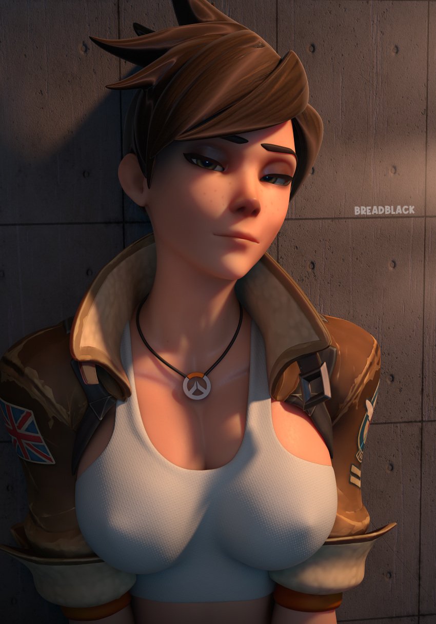 1girls 3d 3d_(artwork) alternate_version_available bedroom_eyes breadblack brown_eyes brown_hair clothed clothing high_resolution highres large_breasts lena_oxton looking_at_viewer nipples_visible_through_clothing no_bra overwatch overwatch_2 tracer