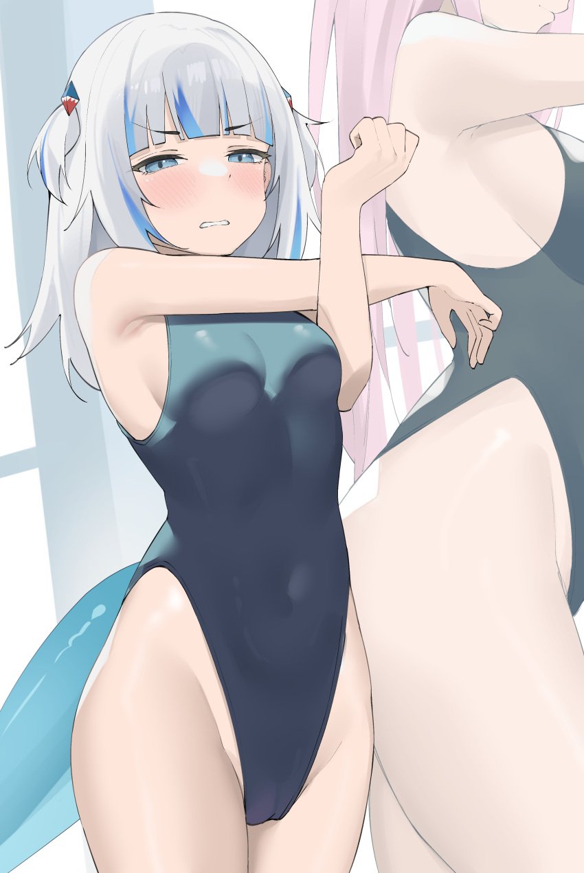 2girls arm_up blue_eyes blue_hair blue_swimsuit blush byeon_dha cameltoe female female_only gawr_gura hairclip hololive hololive_english hololive_myth long_hair mori_calliope pink_hair shark_girl shark_tail short_hair swimsuit tail twintails two_tone_hair virtual_youtuber white_hair