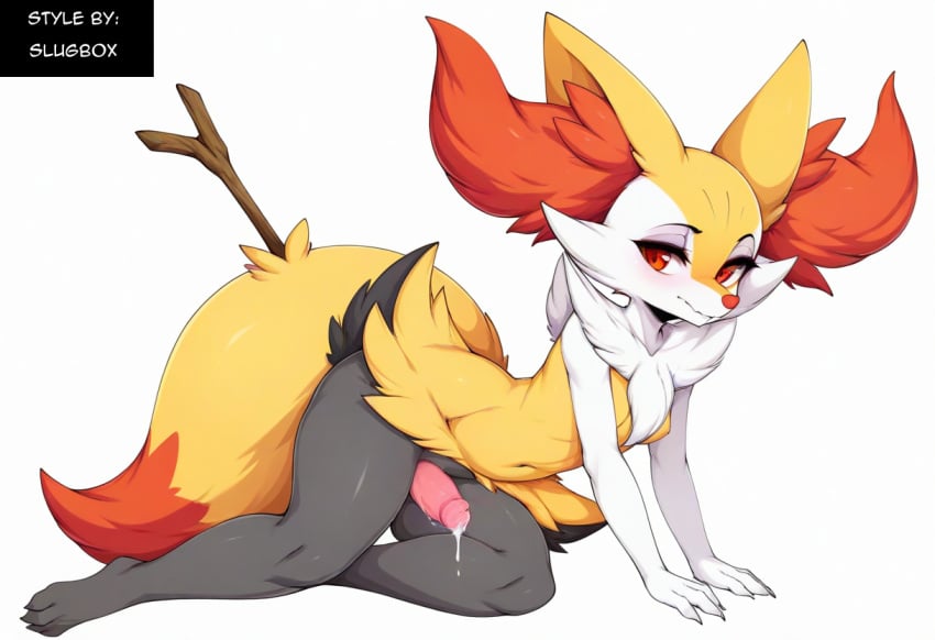 ai_generated anthro balls blush bodily_fluids braixen canid collar cum ear_piercing erection fur generation_6_pokemon genital_fluids genitals girly heart hellsonger hi_res humanoid_genitalia humanoid_penis inner_ear_fluff jewelry looking_at_viewer male mammal nintendo penis piercing pokemon pokemon_(species) precum red_eyes simple_background smile solo thick_thighs tuft white_background white_body white_fur yellow_body yellow_fur