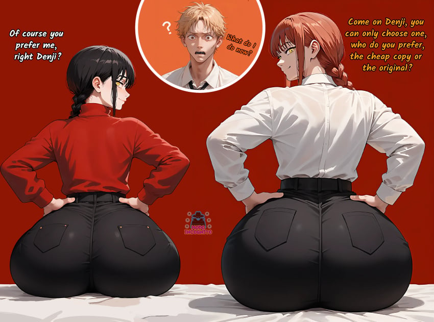 ai ai_generated back big_ass black_hair black_pants blonde_hair braid brown_eyes chainsaw_man curvy curvy_hips denji_(chainsaw_man) english_text giant_ass giant_butt huge_ass looking_back makima_(chainsaw_man) nayuta_(chainsaw_man) red_hair red_hair red_shirt text white_shirt yellow_eyes