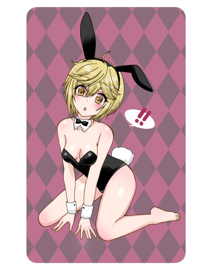 !! 1girls blush breasts bunny_ears bunny_girl bunny_tail bunnysuit d4_ren d4dj feet looking_at_viewer on_knees small_breasts speech_bubble text tsukimiyama_nagisa