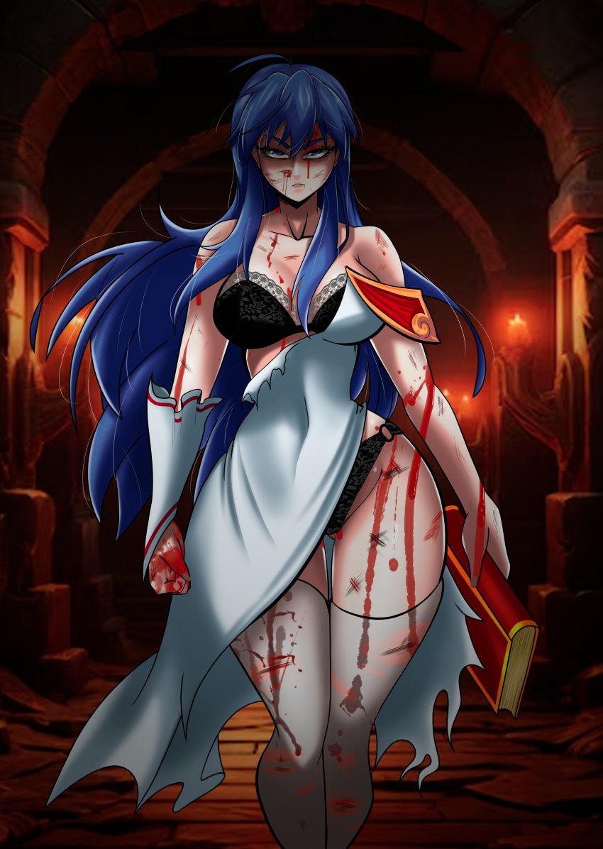 alternate_costume angry black_lingerie blood blue_hair commission fire_emblem fire_emblem:_the_binding_blade hat injured lilina_(fire_emblem) magical_girl menacing ripped_clothing ryona thighs vicdezart white_dress