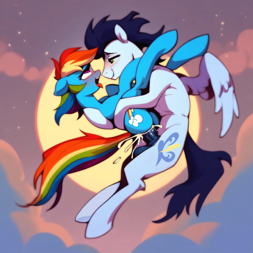 ahe_gao ai_generated balls blush cloud cum cum_in_pussy cumming equine excessive_cum flying flying_sex horsecock moon my_little_pony pony rainbow_dash_(mlp) sky smile soarin_(mlp) spread_wings stars upright_straddle vaginal_sex