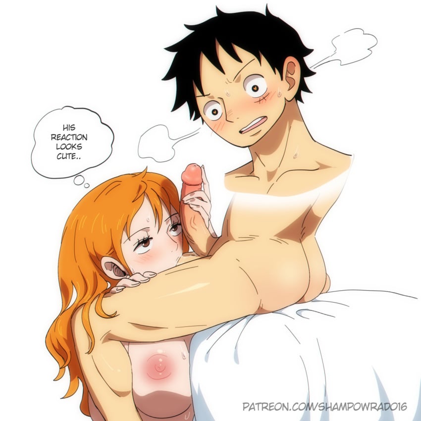 1boy 1boy1girl 1girls areolae ball_fondling balls big_breasts black_hair blush breasts completely_nude couple female handjob heart-shaped_pupils holding_penis long_hair male monkey_d_luffy muscular_male nami nipples nude one_piece oral oral_sex pleasure_face scar shampowrado short_hair sitting steam steam_coming_from_ears sucking_balls sweat thought_bubble