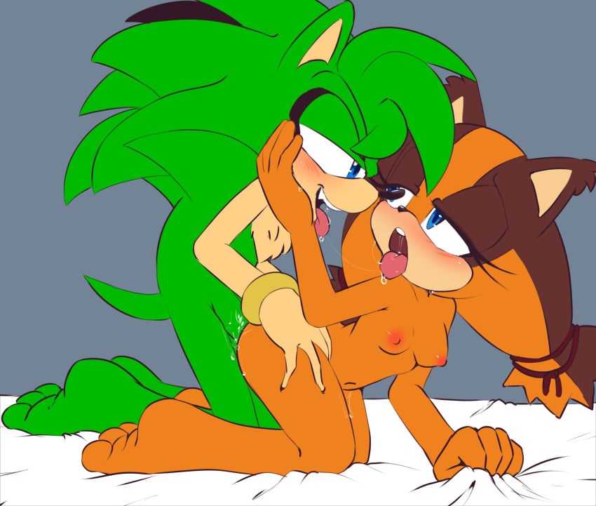 ass_grab bed_sheet belly_button blue_eyes commission doggy_style eyelashes fan_character green_fur grey_background hand_on_bed hand_on_cheek holding_butt looking_at_partner oc orange_fur penetration small_breasts sonic_(series) sonic_boom sticks_the_badger tail tenshigarden tongue_out