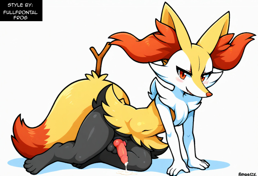 ai_generated anthro balls blush bodily_fluids braixen canid collar cum ear_piercing erection fur generation_6_pokemon genital_fluids genitals girly heart hellsonger hi_res humanoid_genitalia humanoid_penis inner_ear_fluff jewelry looking_at_viewer male mammal nintendo penis piercing pokemon pokemon_(species) precum red_eyes simple_background smile solo thick_thighs tuft white_background white_body white_fur yellow_body yellow_fur