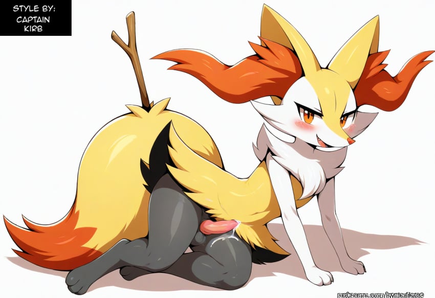 ai_generated anthro balls blush bodily_fluids braixen canid collar cum ear_piercing erection fur generation_6_pokemon genital_fluids genitals girly heart hellsonger hi_res humanoid_genitalia humanoid_penis inner_ear_fluff jewelry looking_at_viewer male mammal nintendo penis piercing pokemon pokemon_(species) precum red_eyes simple_background smile solo thick_thighs tuft white_background white_body white_fur yellow_body yellow_fur