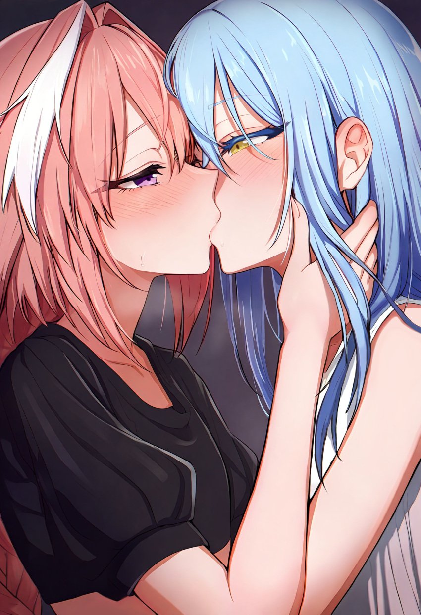 ai_generated alaky astolfo_(fate) femboy gay half-closed_eyes kissing light_blue_hair pink_hair purple_hair rimuru_tempest tensei_shitara_slime_datta_ken yaoi yellow_eyes