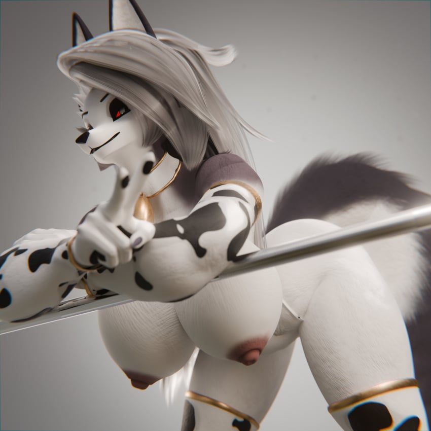 1:1 3d_(artwork) absurd_res animal_print animal_print_thigh_highs anthro areola bell bell_collar big_breasts breasts brown_areola brown_nipples canid canid_demon canine clothing collar cow_print cow_print_thigh_highs cowbell demon digital_media_(artwork) female grey_hair hair hellhound helluva_boss hi_res legwear loona_(helluva_boss) mammal mythological_canine mythological_creature mythology nipples pattern_clothing pattern_legwear pattern_thigh_highs red_sclera solo tail thevercetti thigh_highs