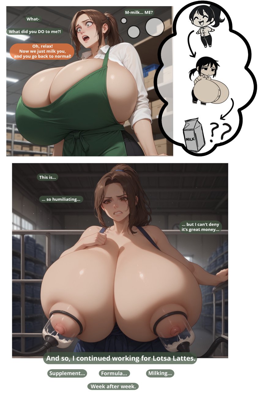 1girls 2024 ai_generated alpha_channel areolae back_room barista big_breasts breast_expansion breast_focus breast_milk_squirt breast_milking breast_milking_machine breasts_bigger_than_head breasts_out breasts_out_of_clothes brown_eyes brown_eyes_female brown_hair brown_hair_female cheeseai clothed clothed_female colored_speech_bubble comic dialogue dialogue_box expansion expansion_sequence forced_lactation gigantic_breasts huge_breasts induced_lactation job lactation light_skin light_skinned_female milking milking_breasts milking_machine nipples offscreen_character original panels ponytail ponytail_female shocked_expression talking_to_another text text_bubble thought_bubble timeskip topless topless_female transparent_background transparent_png work_uniform