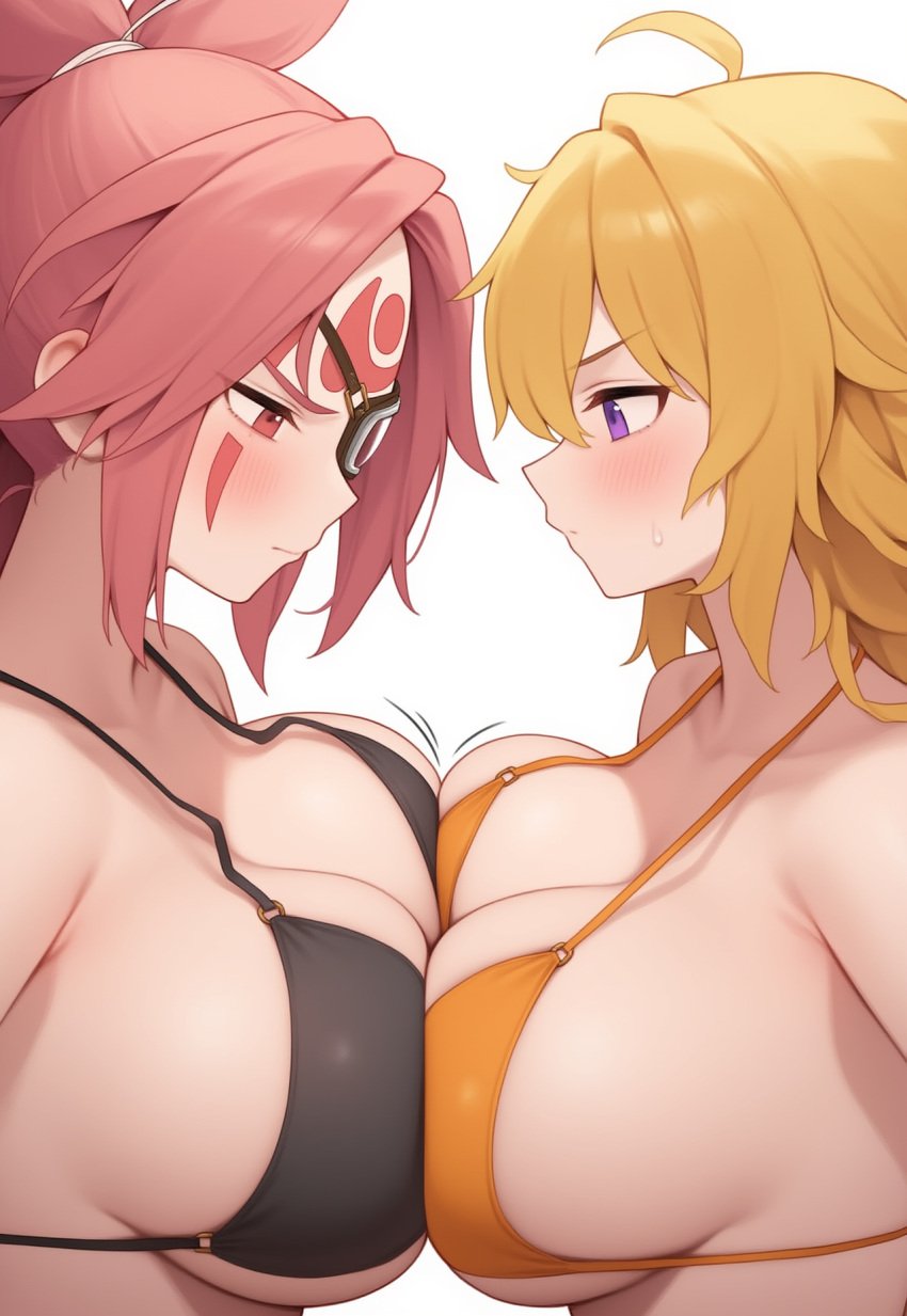 2girls ai_generated baiken bikini bikini_top black_bikini blank_background blush blushing blushing_female breast_focus breast_press breast_squish breasts breasts_pressed_against_partner breasts_squeezed_together cleavage cleavage_overflow eyepatch guilty_gear huge_breasts jonnyjonn light_blush light_skin looking_at_breasts motion_lines no_nipples pink_hair rwby side_boob side_view sideboob top_breasts yang_xiao_long yellow_bikini yellow_hair yuri