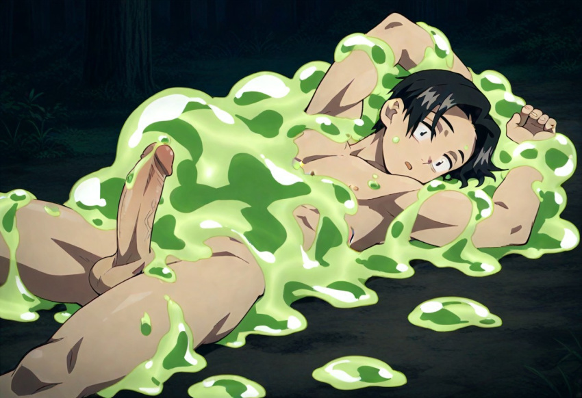 ai_art ai_assisted ai_generated covered_in_slime demon_slayer erect_penis gay green_slime kimetsu_no_yaiba male_focus male_only murata_(kimetsu_no_yaiba) penis slime slime_(substance) testicles