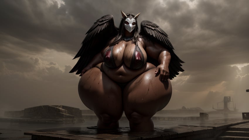 1girls ai_generated animal_ears bbw belly belly_button big_ass big_belly big_breasts black_feathers black_wings bottom_heavy bottom_heavy_female breasts brown-skinned_female brown_hair brown_skin chubby chubby_female cloudy_sky creepy dark-skinned_female dark_fantasy dark_skin deity demon demon_girl exposed_belly eye_contact fantasy fat fat_belly feathers female female_focus female_only fog furry_ears glowing_eyes helmet hips horror horror_(theme) huge_breasts huge_hips in_water landscape long_hair looking_at_viewer magnumdawn mask masked masked_female massive_breasts massive_hips mature mature_female medieval monster monster_girl morbidly_obese morbidly_obese_female mother_of_abomination_(magnumdawn) nipples nipples_visible_through_clothing non-human non-human_only obese obese_female oc original original_character outdoors outside overweight overweight_female partially_submerged partially_submerged_legs photorealistic red_bikini_top skimpy skimpy_clothes skimpy_outfit solo solo_female solo_focus ssbbw stable_diffusion standing tall tall_female thick thick_thighs thighs topless topless_female water wide_hips wings