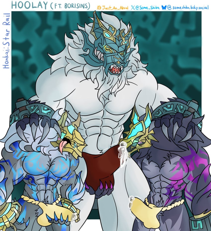 abs anthro armor aroused asian_clothing ball_grab balls balls_outline blue_markings blush bodily_fluids borisin bulge canid canine canis clothed clothing cuff_(restraint) cum cum_in_clothing cum_in_underwear cum_through_clothing cum_through_fundoshi cum_through_underwear detailed_bulge east_asian_clothing eclipse_wolftrooper_(honkai:_star_rail) erection erection_under_underwear fundoshi fundoshi_only fur genital_fluids genital_outline genitals grabbing_own_penis grey_body grey_fur group hi_res honkai:_star_rail hoolay_(honkai:_star_rail) japanese_clothing male mammal markings mihoyo muscular muscular_anthro muscular_male penis_outline pubes purple_body purple_fur purple_markings red_clothing red_fundoshi red_underwear restraints sableclaw_wolftrooper_(honkai:_star_rail) size_difference some_shiba tenting tongue tongue_out topless trio underwear underwear_only wet wet_clothing wet_underwear white_body white_fur wolf wrist_cuffs yellow_clothing yellow_fundoshi yellow_underwear