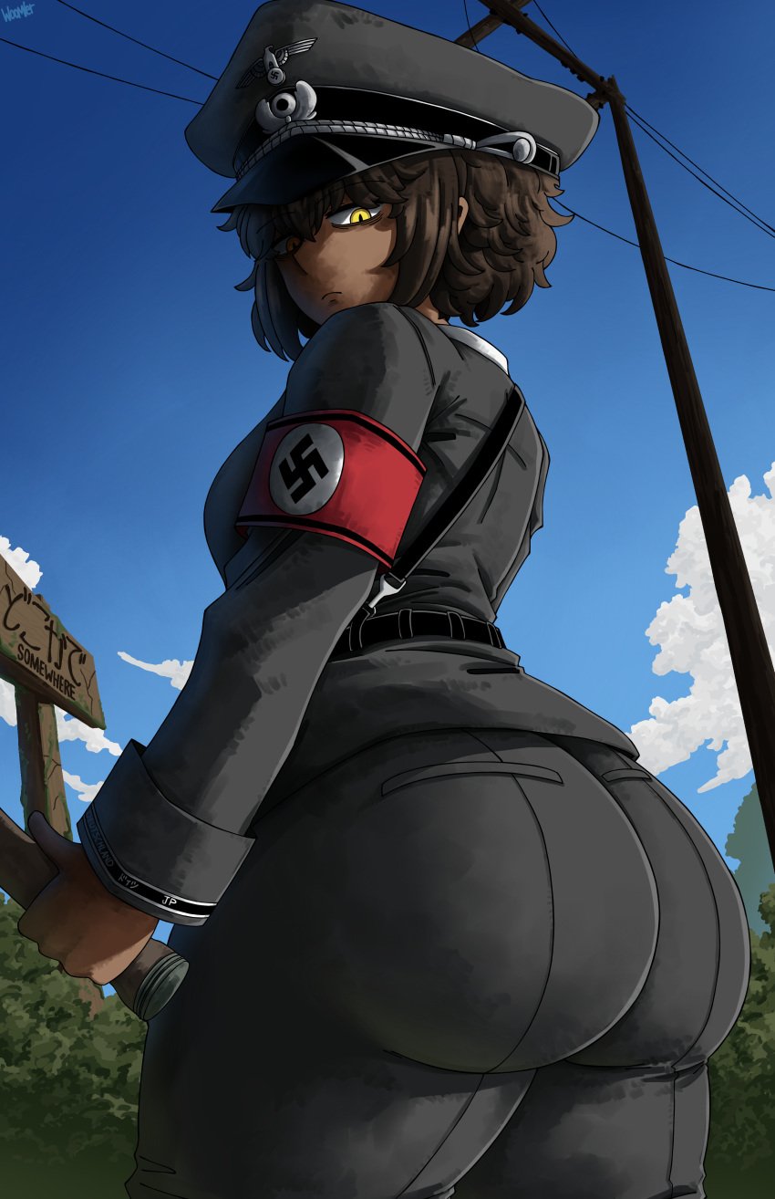 1girls artist_name ass ass_focus big_ass breasts brown_hair dark-skinned_male dark_skin female looking_at_viewer looking_back looking_down military_uniform nazi short_hair solo uniform visor woomler yellow_eyes