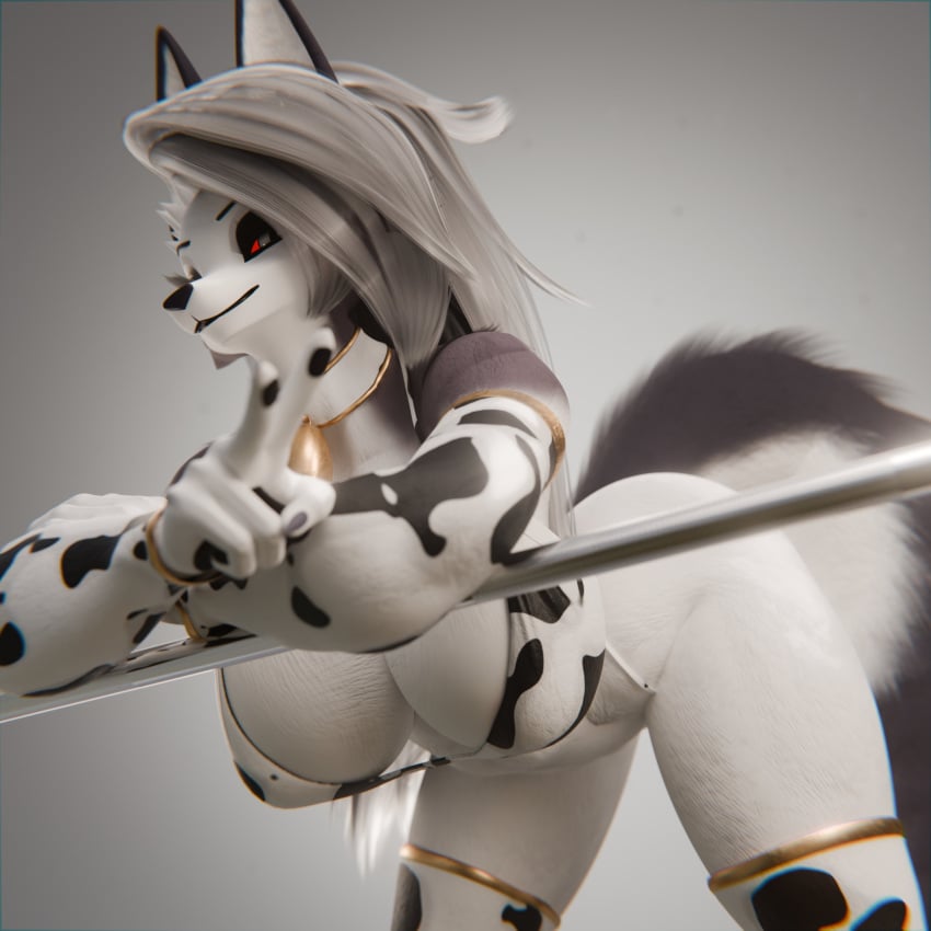 1:1 3d_(artwork) absurd_res animal_print animal_print_bikini animal_print_thigh_highs anthro bell bell_collar big_breasts bikini breasts canid canid_demon canine clothing collar cow_print cow_print_bikini cow_print_thigh_highs cowbell demon digital_media_(artwork) female grey_hair hair hellhound helluva_boss hi_res legwear loona_(helluva_boss) mammal mythological_canine mythological_creature mythology pattern_bikini pattern_clothing pattern_legwear pattern_swimwear pattern_thigh_highs red_sclera solo swimwear tail thevercetti thigh_highs two-piece_swimsuit