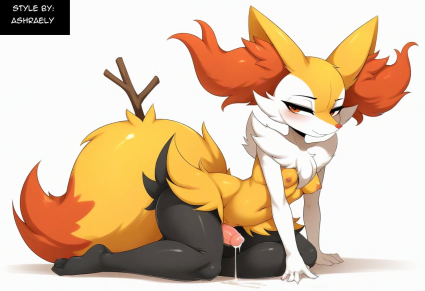 ai_generated anthro balls blush bodily_fluids braixen canid collar cum ear_piercing erection fur generation_6_pokemon genital_fluids genitals girly heart hellsonger hi_res humanoid_genitalia humanoid_penis inner_ear_fluff jewelry looking_at_viewer male mammal nintendo penis piercing pokemon pokemon_(species) precum red_eyes simple_background smile solo thick_thighs tuft white_background white_body white_fur yellow_body yellow_fur