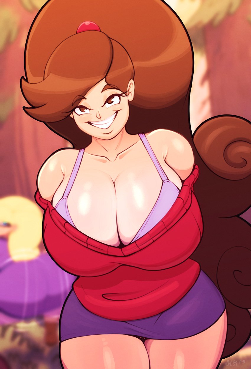 2girls arms_behind_back ass background_character big_ass big_breasts bottom_heavy bra breasts brown_hair bubble_butt busty cleavage clothing dat_ass fat_ass female female_focus female_only gravity_falls huge_ass huge_breasts large_ass large_breasts long_hair looking_at_viewer mabel_pines massive_ass massive_breasts n-kosi n-kosi_(coloring) pacifica_northwest png skirt smile sweater thick_ass thick_thighs top_heavy twerking wide_hips