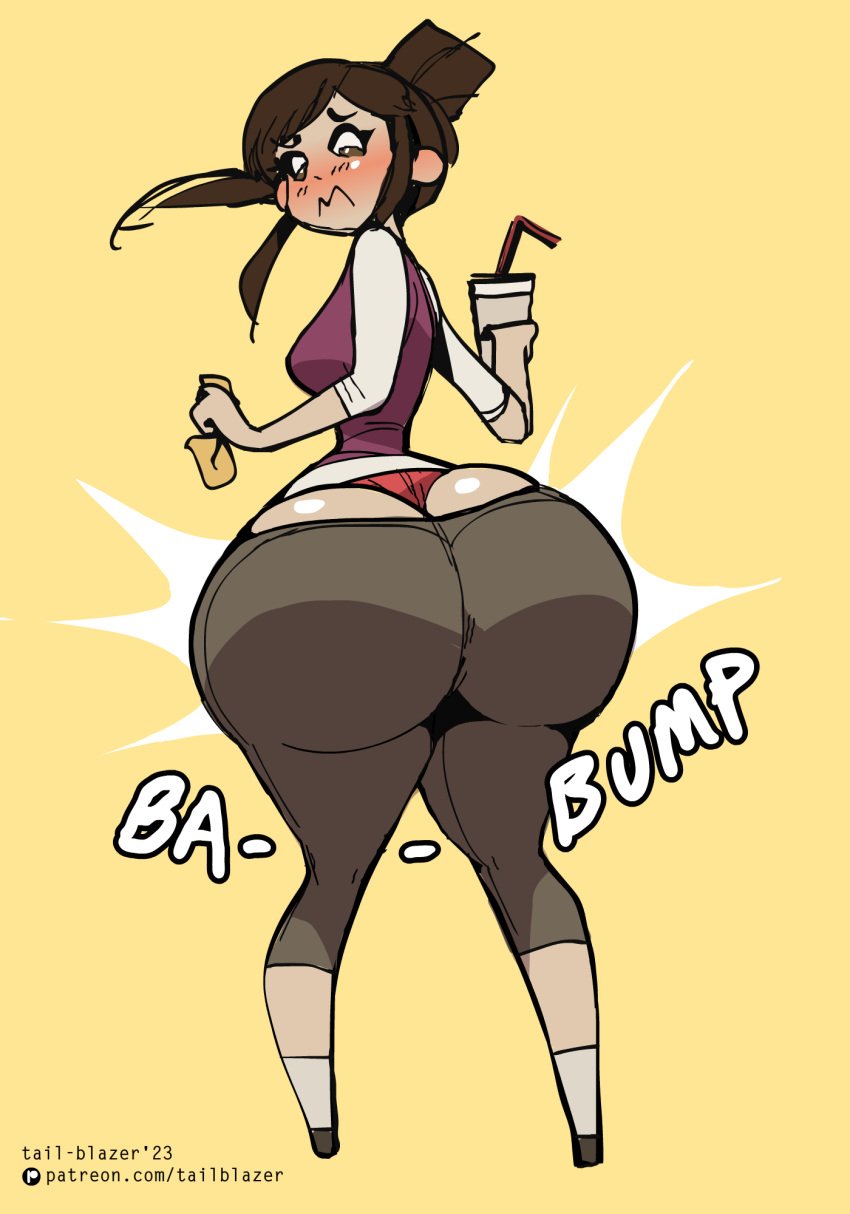 1girls ass_bigger_than_breasts ass_bigger_than_head ass_bigger_than_torso ass_expansion bad_anatomy big_ass blush expansion grey_leggings leggings light-skinned_female looking_back medium_breasts onomatopoeia panties ponytail_(feastings2) red_panties tagme tail-blazer thin_waist wide_hips