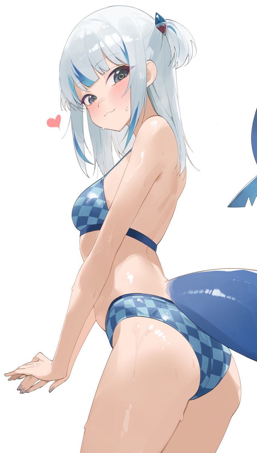 1girls blue_eyes blue_hair blush byeon_dha female gawr_gura hairclip heart hololive hololive_english hololive_myth looking_back nail_polish purple_nails rear_view shark_girl shark_tail short_hair solo solo_female tail two_tone_hair virtual_youtuber wet wet_body white_hair