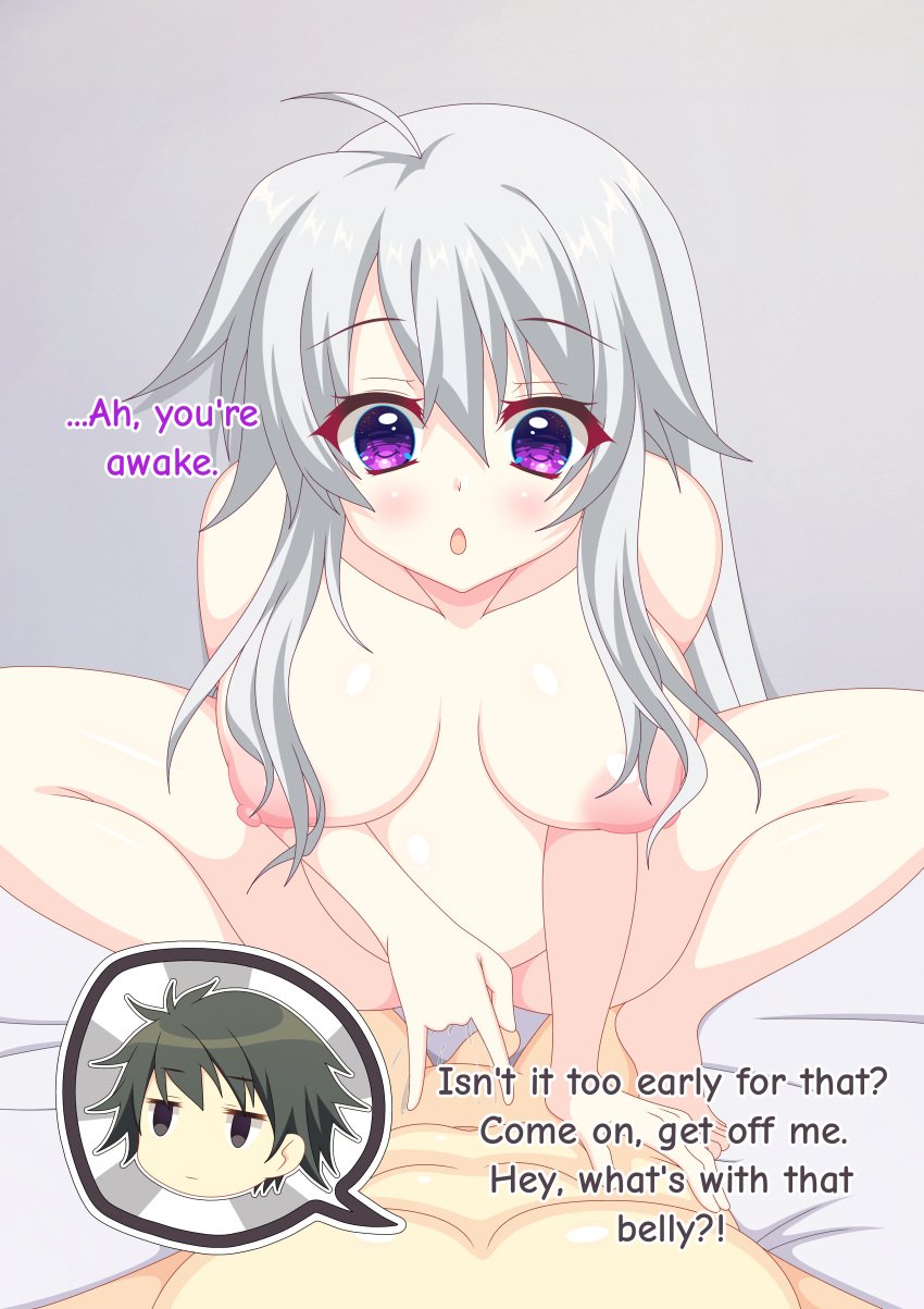 1boy 9-nine- atri bed brother_and_sister completely_nude completely_nude_male english english_text female incest incest_pregnancy long_hair masturbation niimi_kakeru niimi_sora nude open_mouth pov pregnant purple_eyes silver_hair squatting