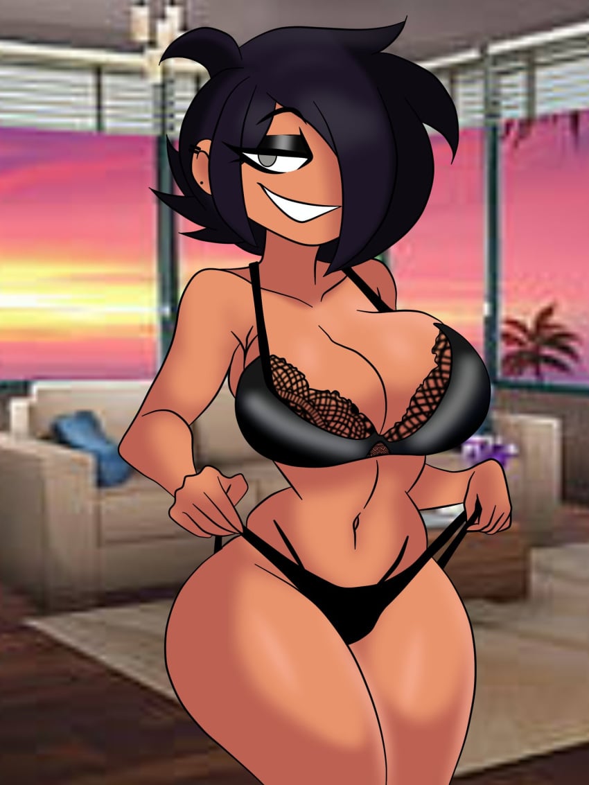 black_hair brown_hair d4rc30_arts dir_arts female_only gray_eyes lingerie_only mature_female nexus_poiazo oc orange_body original_character self_upload tanned tanned_body tanned_female tanned_girl tanned_skin