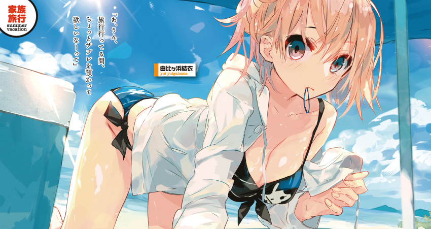 all_fours beach bikini black_bikini black_eyes breasts character_name cleavage female front-tie_top highres hoodie looking_at_viewer mouth_hold my_teen_romantic_comedy_snafu off_shoulder pink_hair ponkan_8 scan shiny shiny_skin side-tie_bikini solo sunlight swimsuit yuigahama_yui