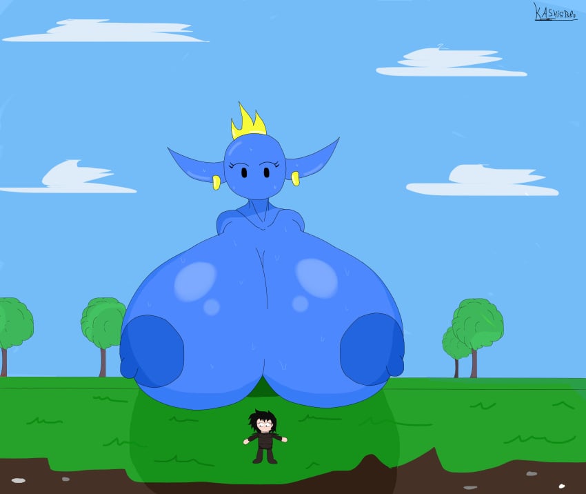 1boy big_breasts big_nipples blue_body female huge_breasts kashis_(original_caracter) kashisbro king_slime_(terraria) looking_down original_character simple_background slime slime_girl slime_monster smaller_male tagme terraria