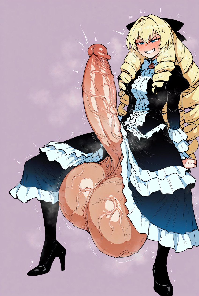 1futa ai_generated angry big_balls big_breasts big_penis blonde_hair blue_eyes blush clenched_teeth dress drill_hair erection frilled_dress frilled_skirt frilled_sleeves futa_only futaalover futanari gigantic_penis gigantic_testicles hair_ribbon high_heels huge_balls huge_cock large_breasts large_testicles penis penis_under_skirt sagging_balls sagging_testicles spread_legs standing sweat trembling veiny_penis veiny_testicles