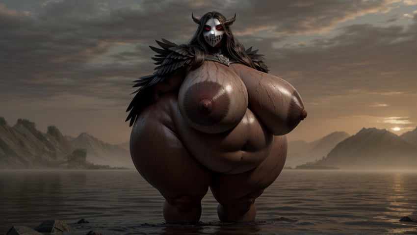 1girls ai_generated arms_behind arms_behind_back belly belly_button big_belly big_breasts black_feathers black_hair breasts brown-skinned_female brown_skin chubby chubby_female cloak cloudy_sky creepy dark-skinned_female dark_fantasy dark_skin exposed_belly eye_contact fantasy fat fat_belly feathers female female_focus female_only fog glowing_eyes helmet hips horror horror_(theme) in_water landscape long_hair looking_at_viewer magnumdawn mask masked masked_female medieval monster monster_girl mountain mountainous_horizon mountains naked naked_female non-human non-human_only nude nude_female obese obese_female overweight overweight_female partially_submerged partially_submerged_legs photorealistic red_eyes solo solo_female solo_focus stable_diffusion standing sun sunset tall tall_female thick thick_thighs thighs water wide_hips