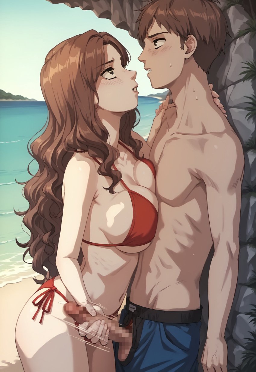 ai_generated beach black_eyes breast_press brown_hair female handjob initial_d large_breasts long_hair looking_at_another looking_up motion motion_blur penis red_bikini sayuki sayuki_(initial_d) standing standing_breast_press_handjob testicles wavy_hair