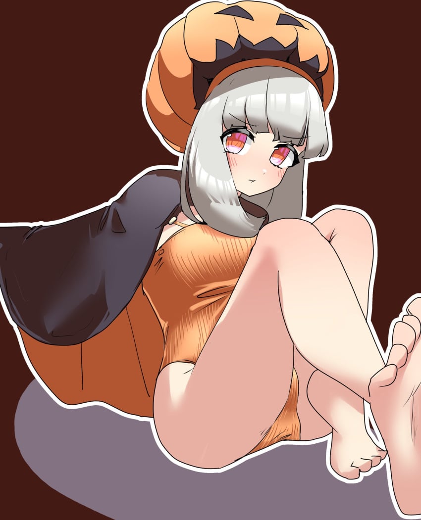 1girls ass blush cape crotch d4dj elsie_(d4dj) feet halloween hat jack-o&#039;-lantern light_green_leaf red_eyes thick_thighs